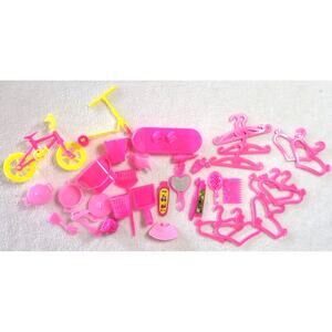 35+ Pc Barbie Size Accessories Dollhouse Lot Kitchen Hangers Scooter Bicycle